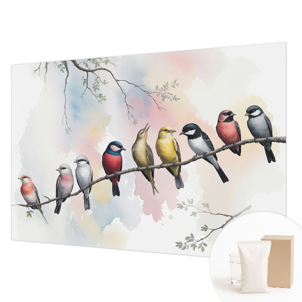 Large wall mural featuring birds on a branch
