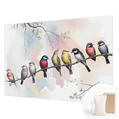 Large wall mural featuring birds on a branch