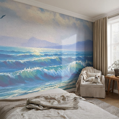 Modern wall mural for living room with a sea waves design