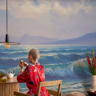 Modern wall mural for living room with a sea waves design