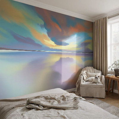 Modern wall mural for bedroom with a rainbow sunset design