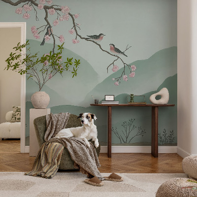 Modern wall mural for living room with a Japanese serenade design