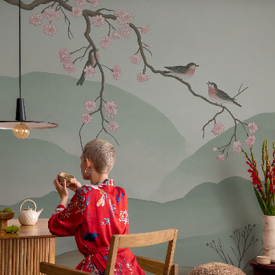 Modern wall mural for living room with a Japanese serenade design