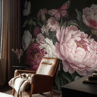 Large wallpaper mural with peonies and butterflies