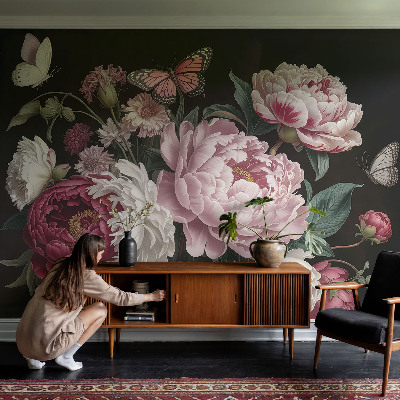 Large wallpaper mural with peonies and butterflies