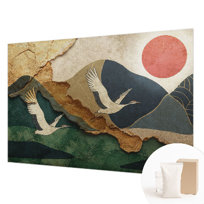 Large wall mural featuring an East Asian cranes design