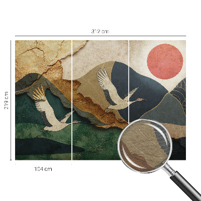 Large wall mural featuring an East Asian cranes design