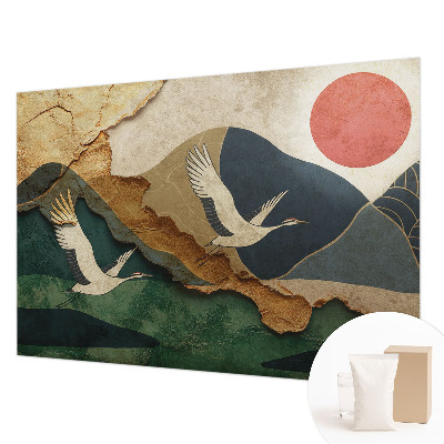 Large wall mural featuring an East Asian cranes design