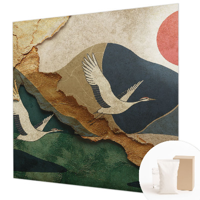Large wall mural featuring an East Asian cranes design