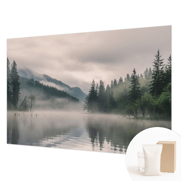 Large wallpaper mural featuring an atmospheric lake scene