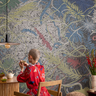 Bedroom wall mural wallpaper with a plant swirl pattern