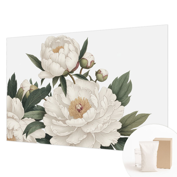 Modern wall mural for living room with white peonies motif