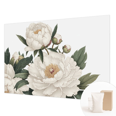 Modern wall mural for living room with white peonies motif