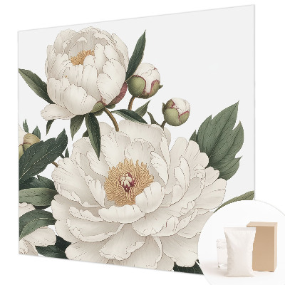 Modern wall mural for living room with white peonies motif