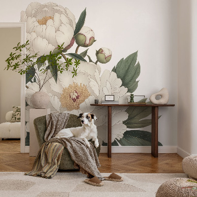 Modern wall mural for living room with white peonies motif