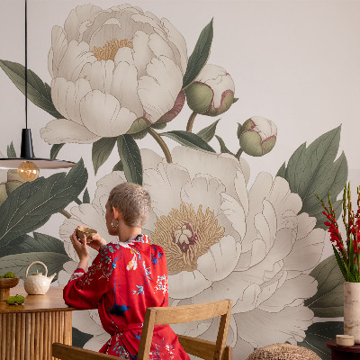 Modern wall mural for living room with white peonies motif