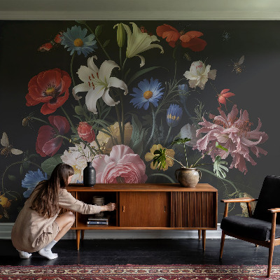 Wall mural with a floral and insect motif