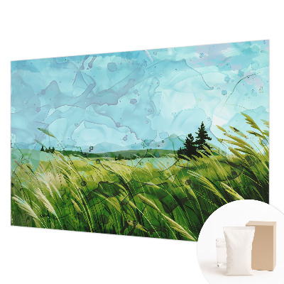 Large wallpaper mural featuring green landscapes