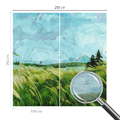 Large wallpaper mural featuring green landscapes