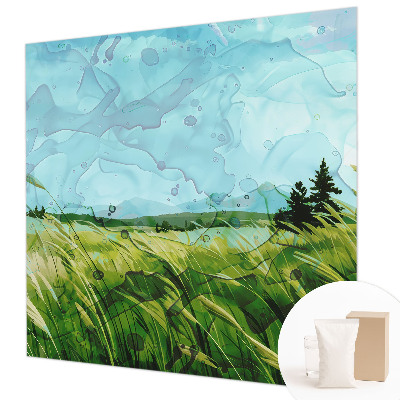 Large wallpaper mural featuring green landscapes