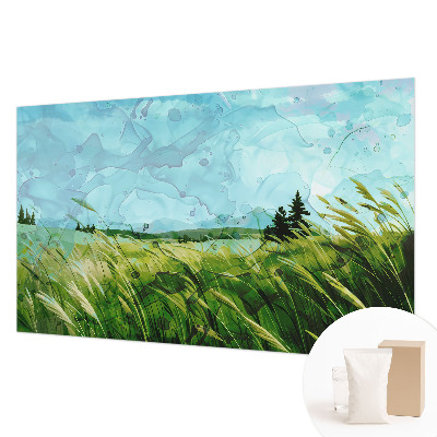Large wallpaper mural featuring green landscapes