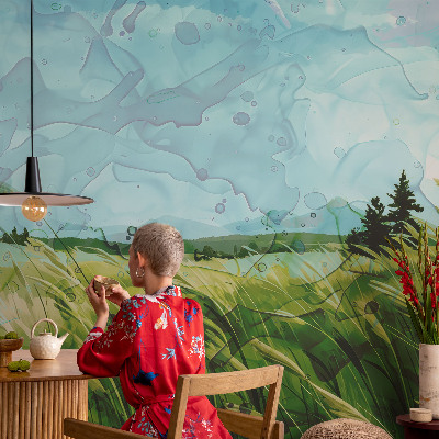Large wallpaper mural featuring green landscapes