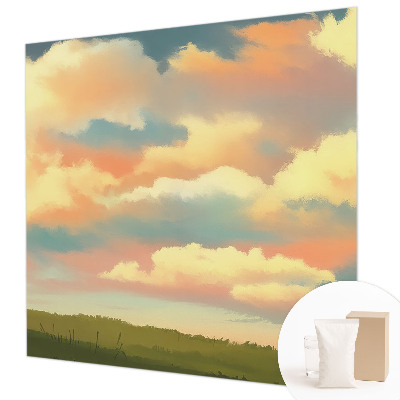 Large wall mural with a sky and clouds motif