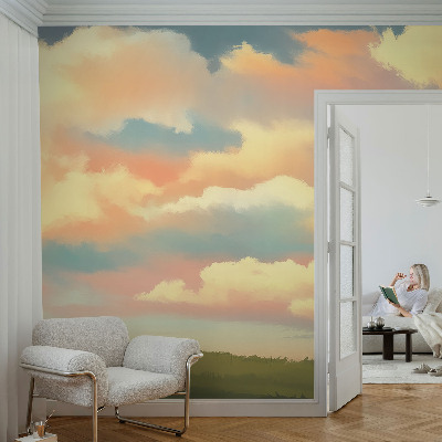 Large wall mural with a sky and clouds motif
