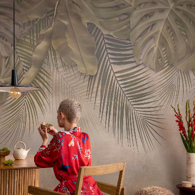 Premium wall mural for bedroom with a tropical leaves design