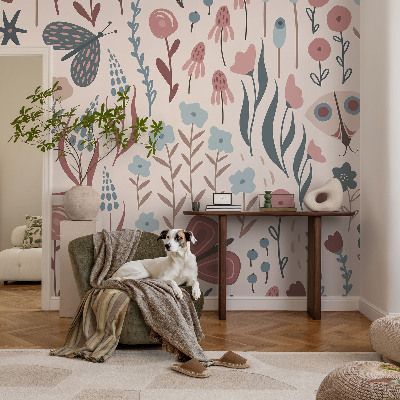 High quality wall mural wallpaper with a floral and insect motif