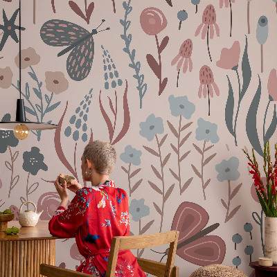 High quality wall mural wallpaper with a floral and insect motif