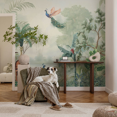 Non-woven photo wallpaper with a 'Peacock Gardens' decorative motif