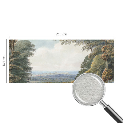 Large wallpaper mural with a wooded landscape