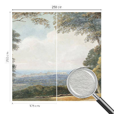 Large wallpaper mural with a wooded landscape