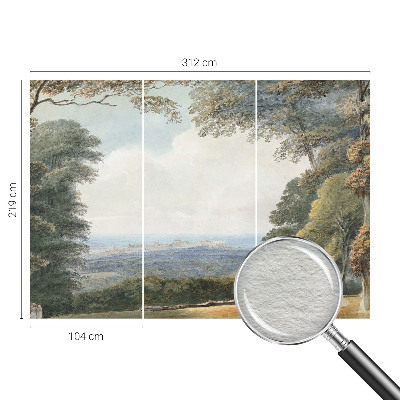 Large wallpaper mural with a wooded landscape