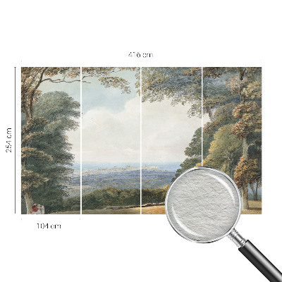 Large wallpaper mural with a wooded landscape