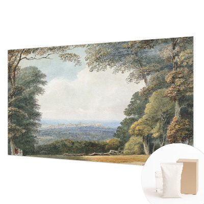Large wallpaper mural with a wooded landscape