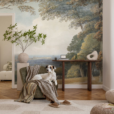 Large wallpaper mural with a wooded landscape