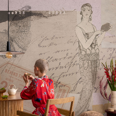 Large wall mural wallpaper with a nostalgic collage design