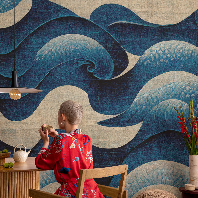 Wallpaper mural with a blue waves design