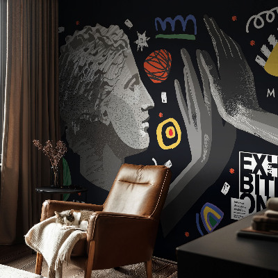 Wall mural for living room with a colorful exhibition design