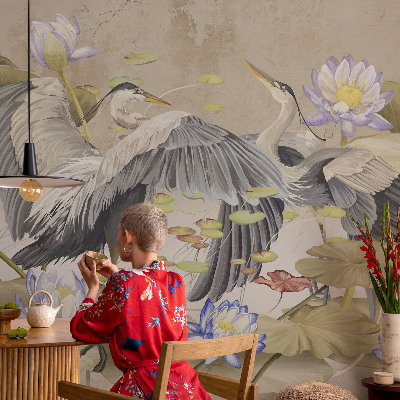 Premium photo wallpaper with a birds and lilies motif