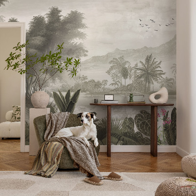 Decorative wall mural for living room with a tropical oasis design
