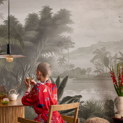 Decorative wall mural for living room with a tropical oasis design