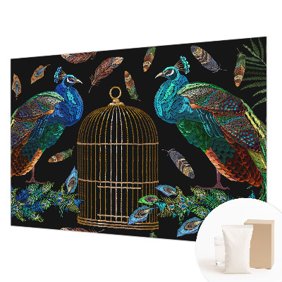 Large wall mural wallpaper featuring a peacock image