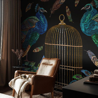 Large wall mural wallpaper featuring a peacock image