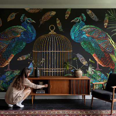 Large wall mural wallpaper featuring a peacock image