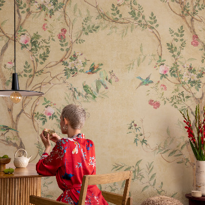Bedroom wall mural wallpaper with floral accents
