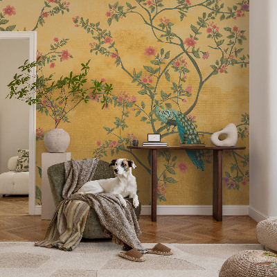 Modern wall mural for bedroom with a peacock trees motif