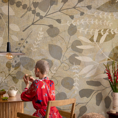 Modern wall mural for living room with a twig and leaves motif